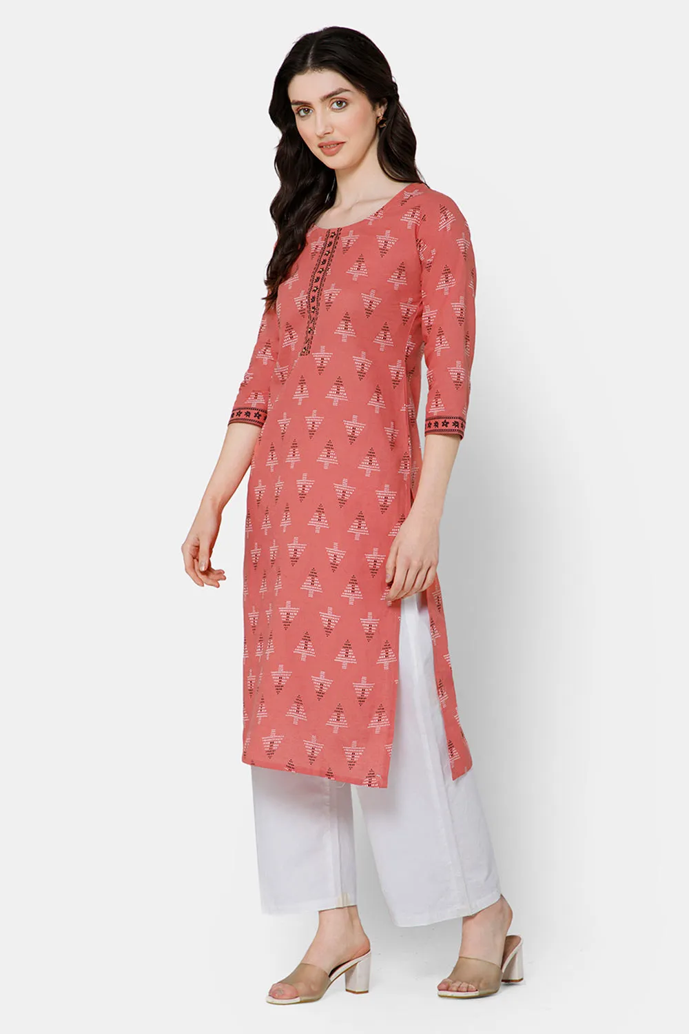 Mythri Women's Casual Kurthi with Patchwork And Minimalistic Embroidery - Peach - E029