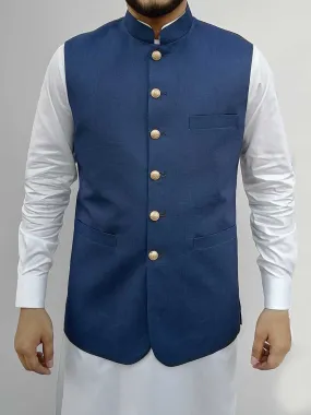 Nabeel & Aqeel Men Waist Coat Blue Self Golden Antique Button NWCB0082