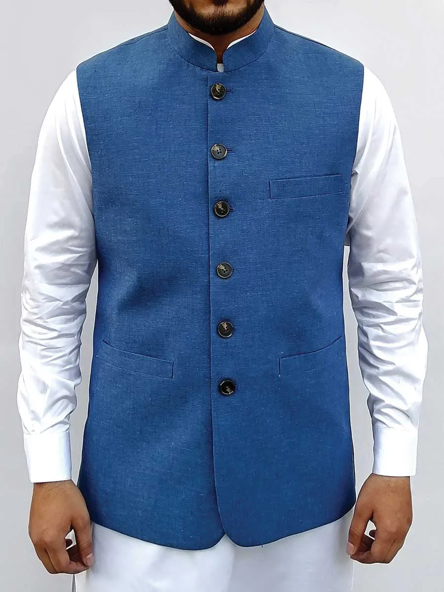 Nabeel & Aqeel Men Waist Coat Indigo Blue Horn Button NWCB0081