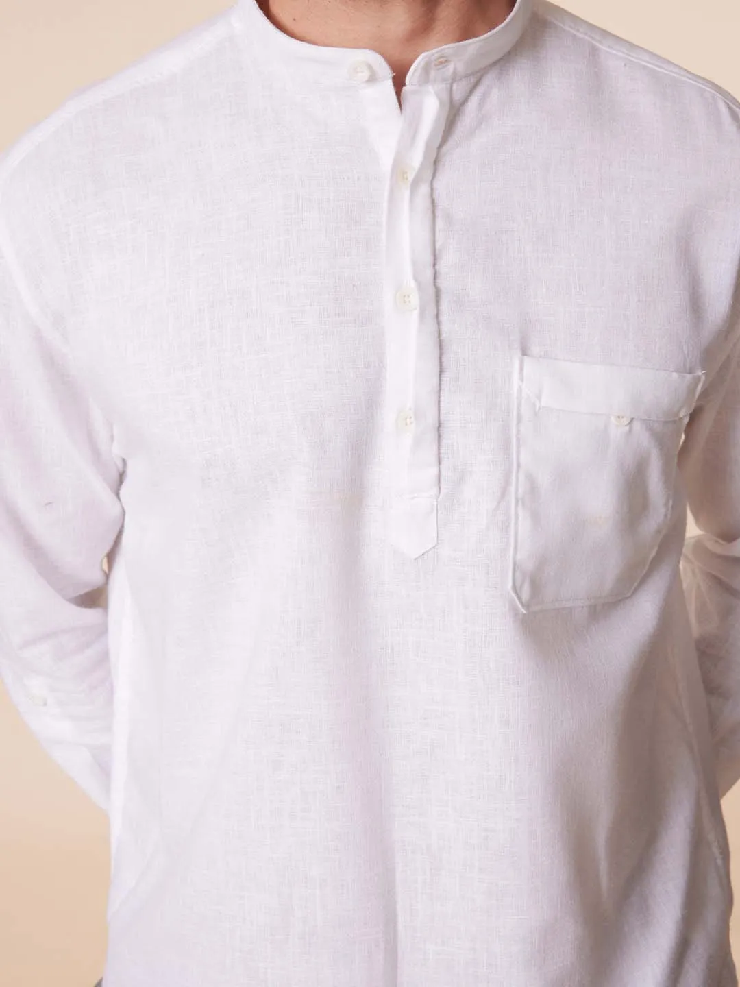 Patch Pocket Mandarin Kurta Style White Shirt - Root In