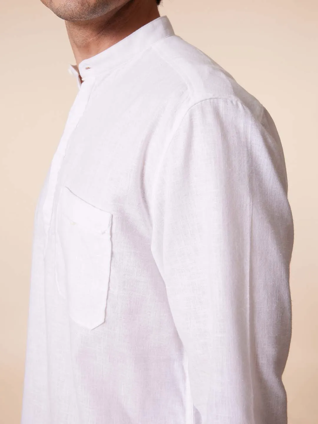 Patch Pocket Mandarin Kurta Style White Shirt - Root In