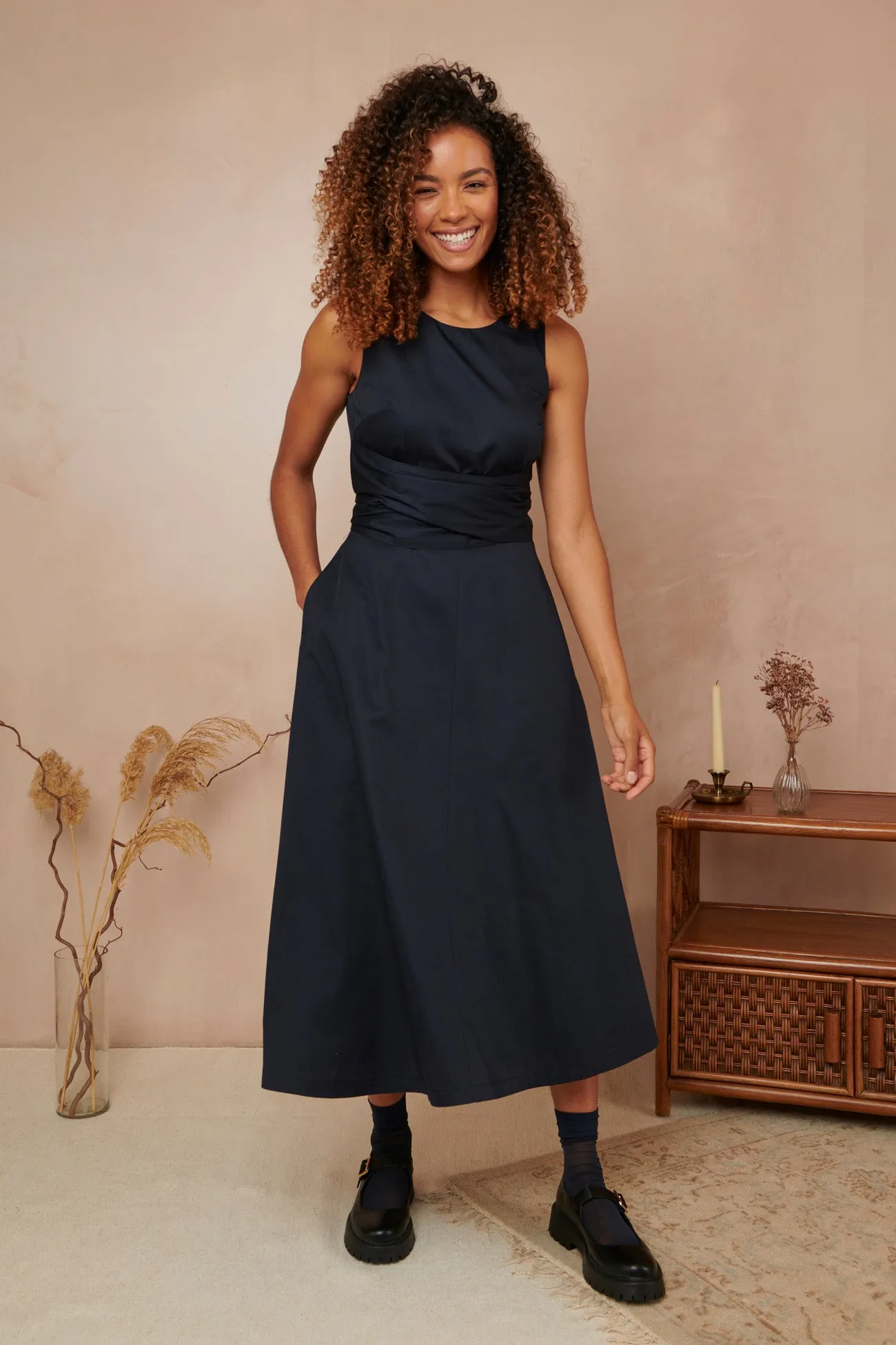 Roberta Cotton Satin Midnight Navy Dress