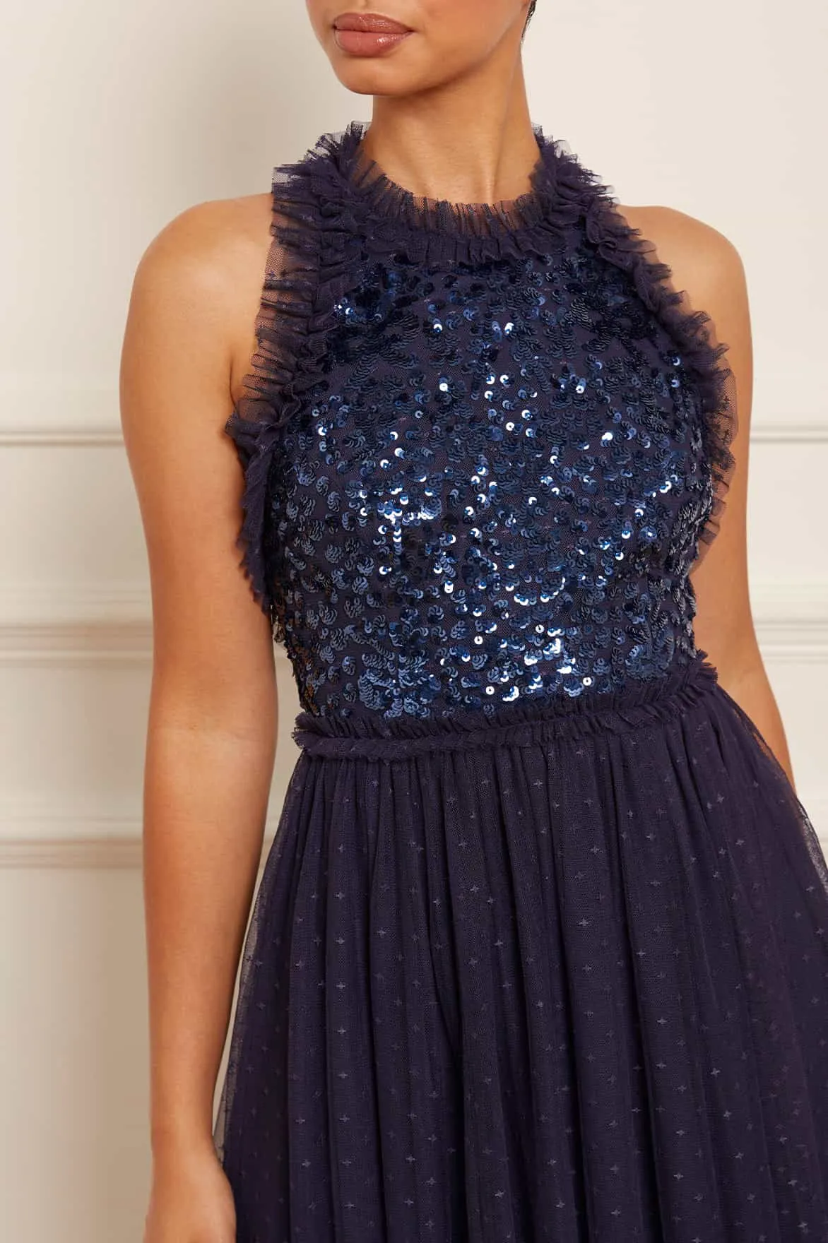 Sequin Wreath Bodice Halter Neck Ankle Gown