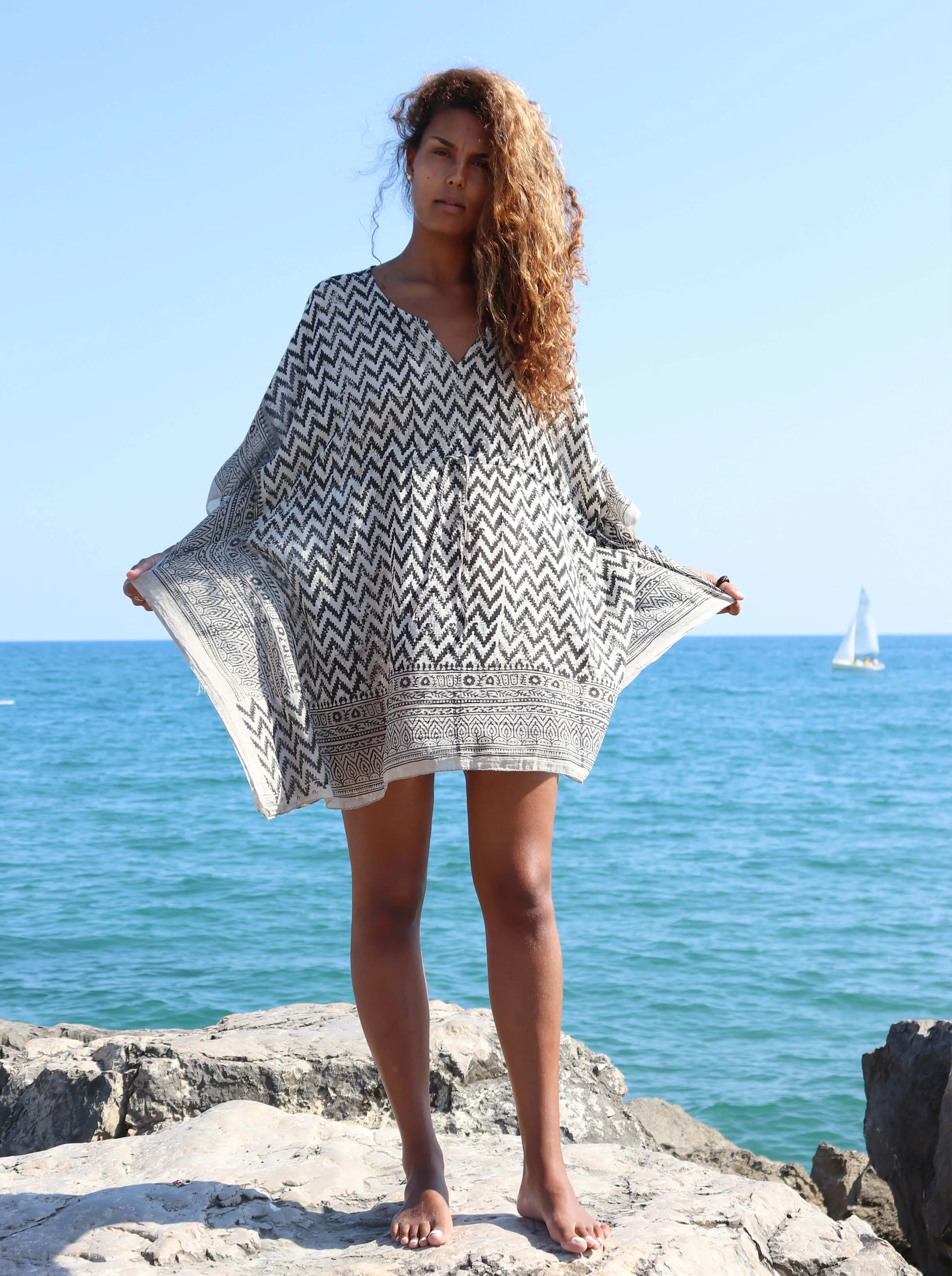 Short Kaftan Dress with Woodblock print