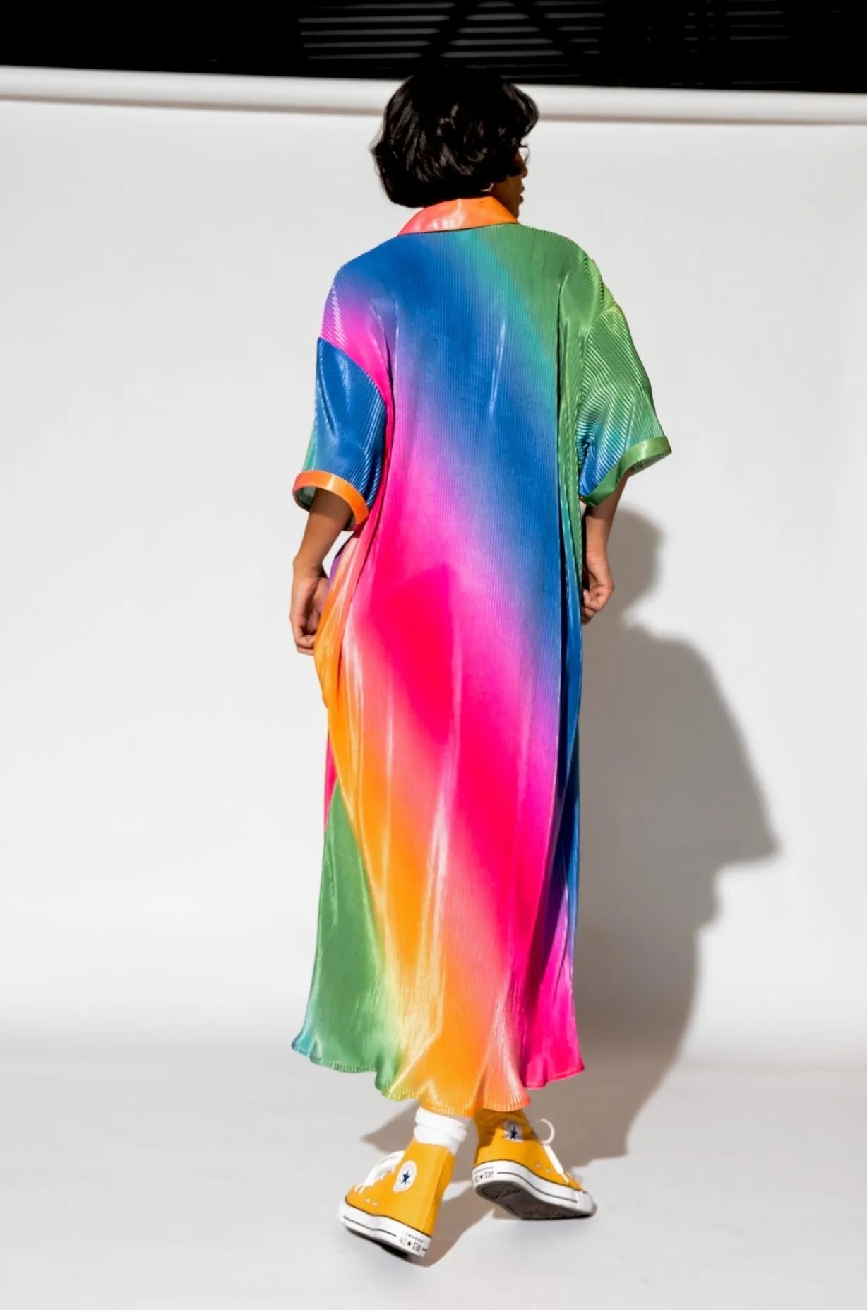 So Far So Good Oversized Plissé Dress in Prismatic Rainbow