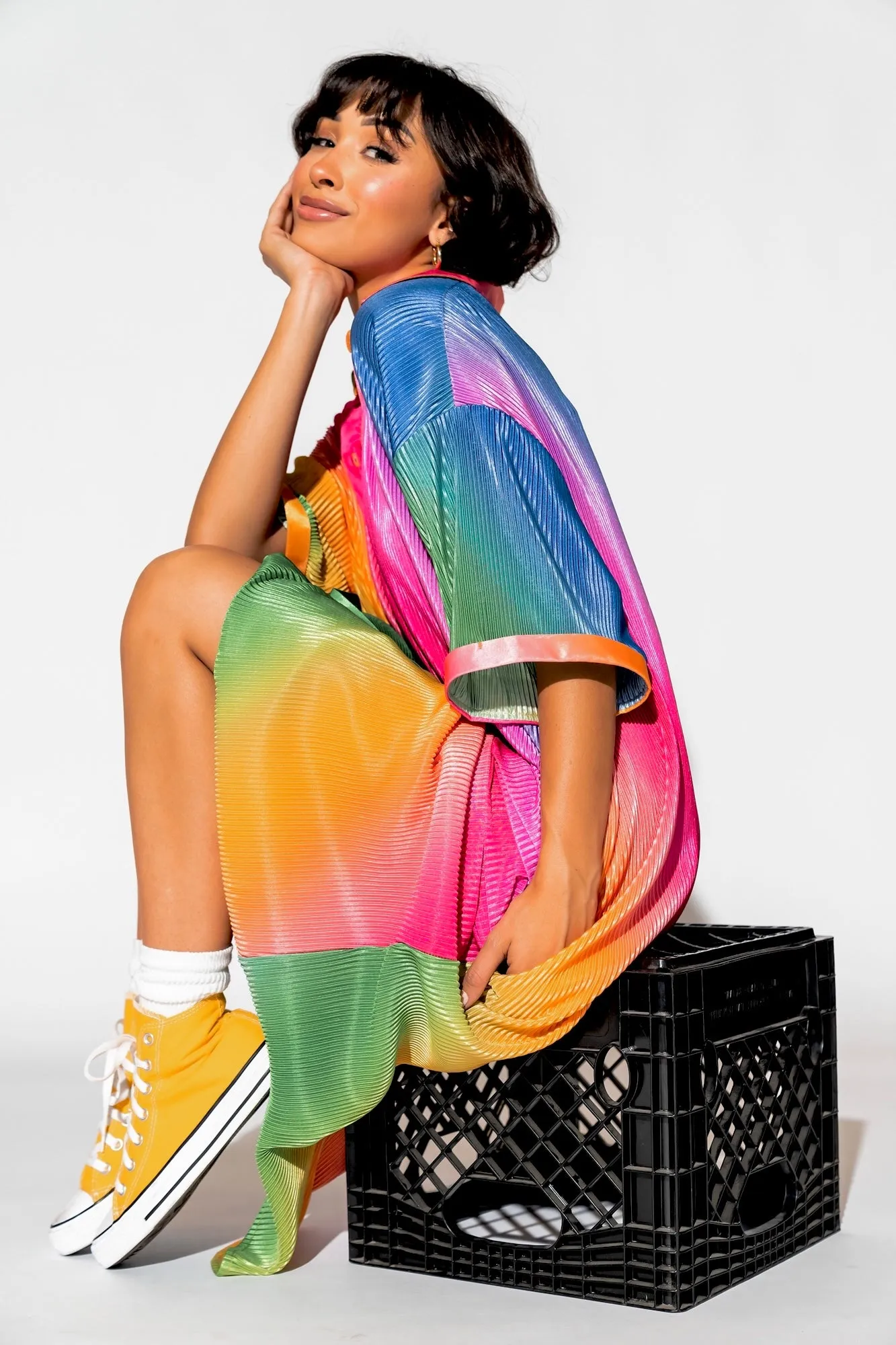 So Far So Good Oversized Plissé Dress in Prismatic Rainbow