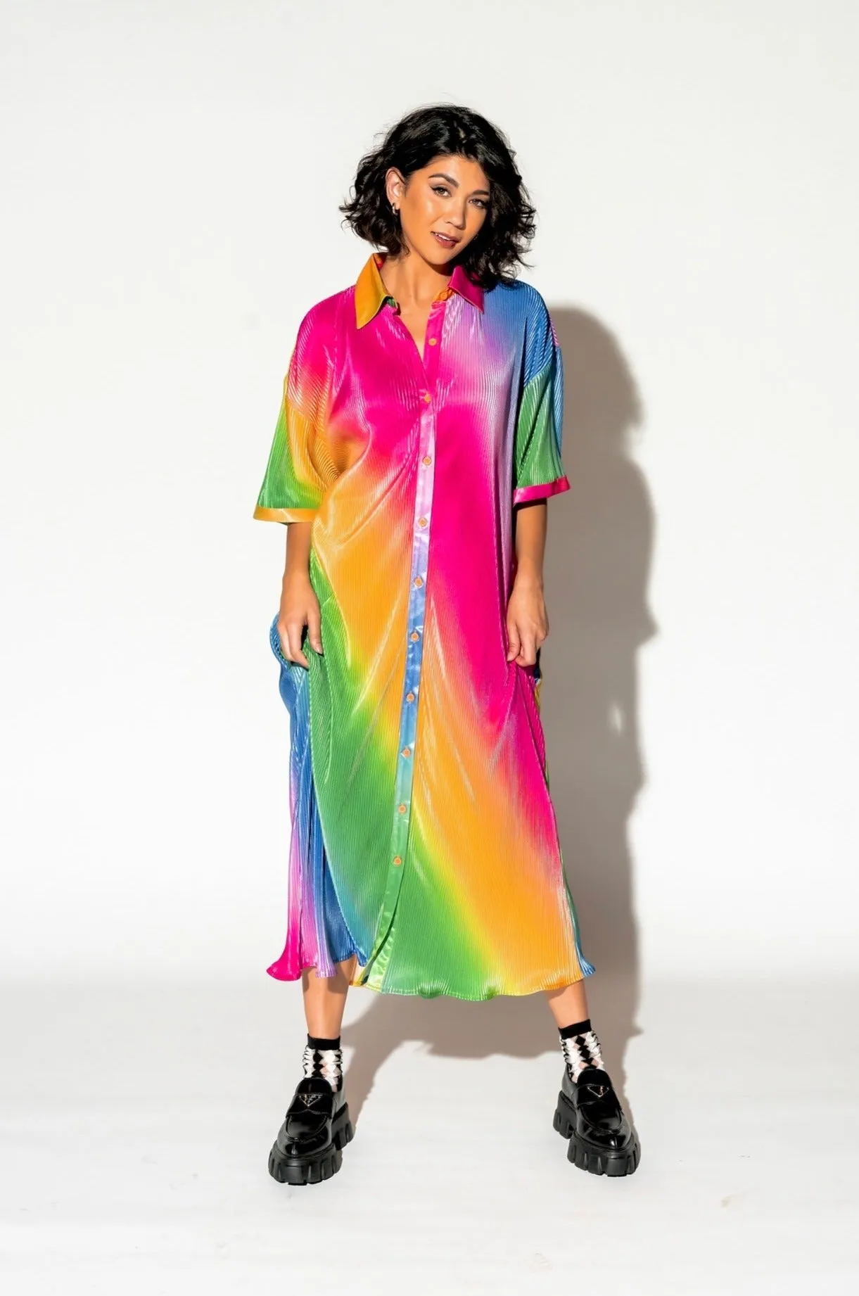 So Far So Good Oversized Plissé Dress in Prismatic Rainbow