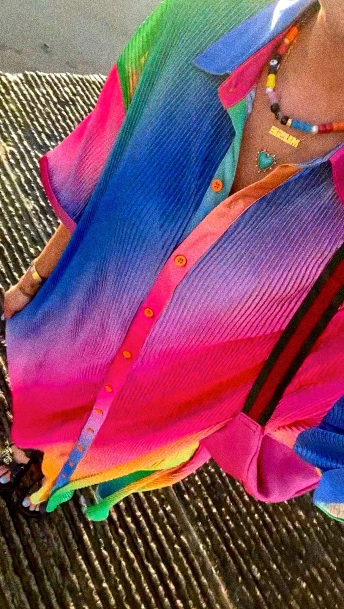 So Far So Good Oversized Plissé Dress in Prismatic Rainbow