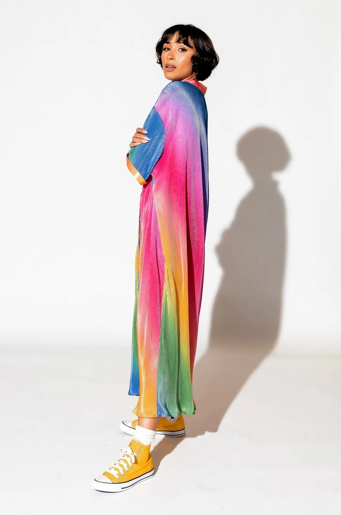 So Far So Good Oversized Plissé Dress in Prismatic Rainbow