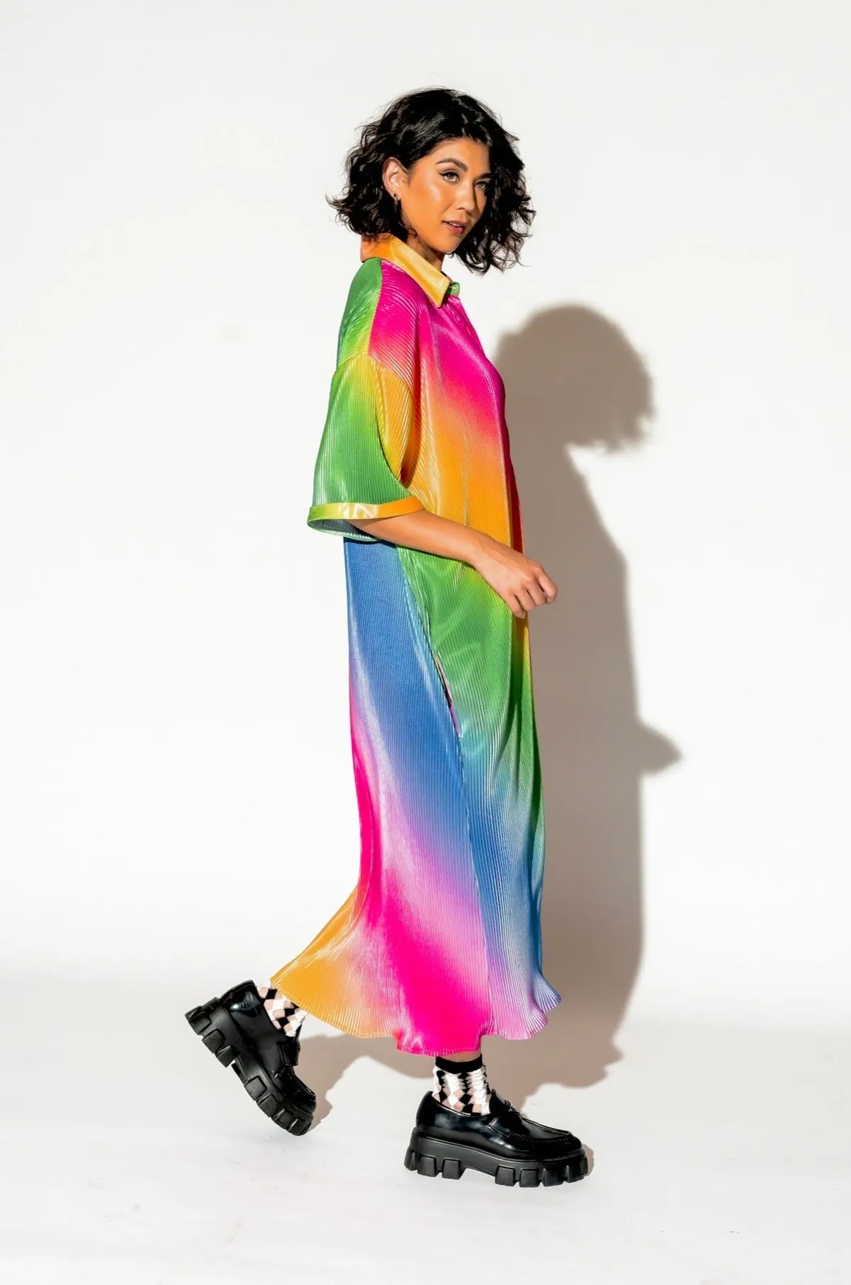 So Far So Good Oversized Plissé Dress in Prismatic Rainbow