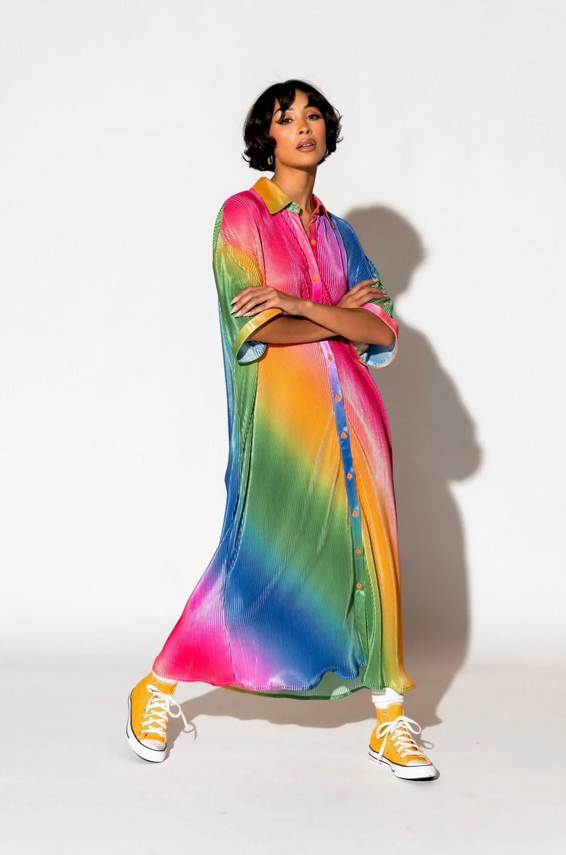 So Far So Good Oversized Plissé Dress in Prismatic Rainbow