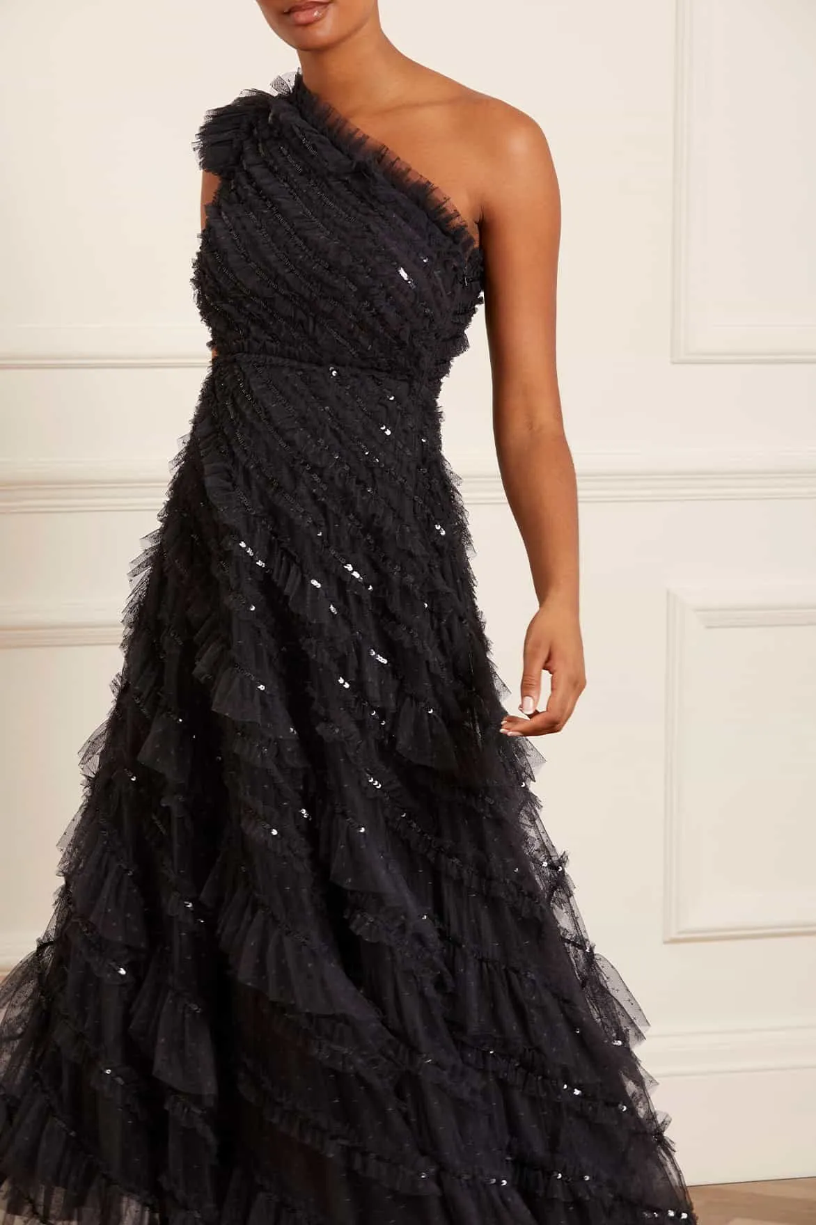 Spiral Sequin One-Shoulder Ankle Gown