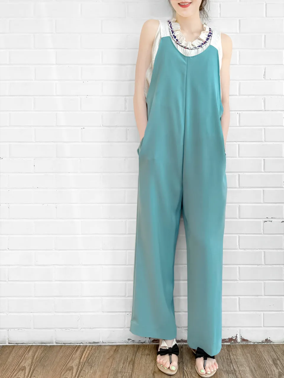 Surprise Sale! Turquoise Contrast Strap Sleeveless Wide Leg Jumpsuit