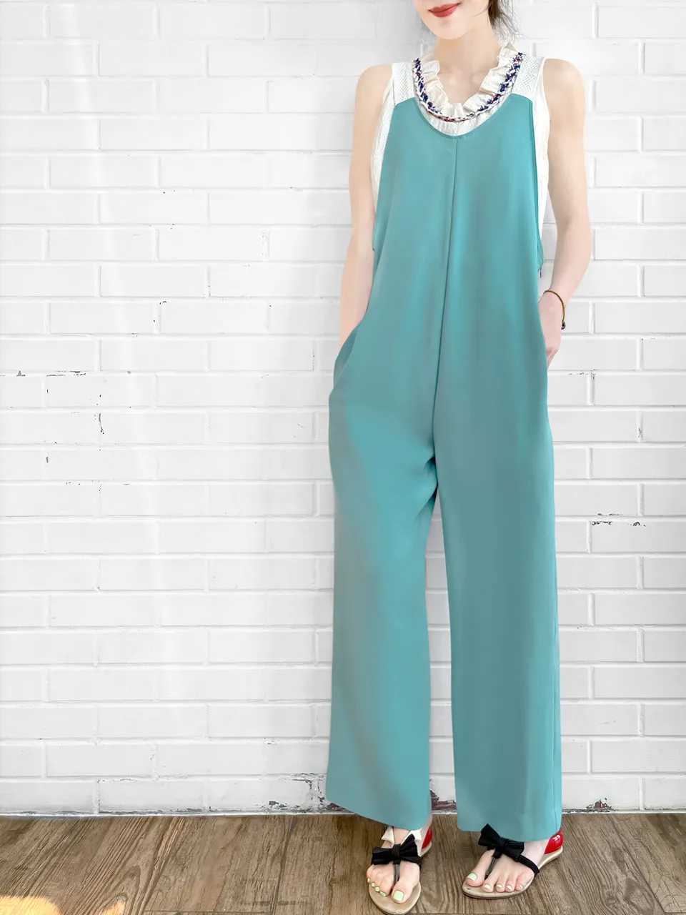 Surprise Sale! Turquoise Contrast Strap Sleeveless Wide Leg Jumpsuit