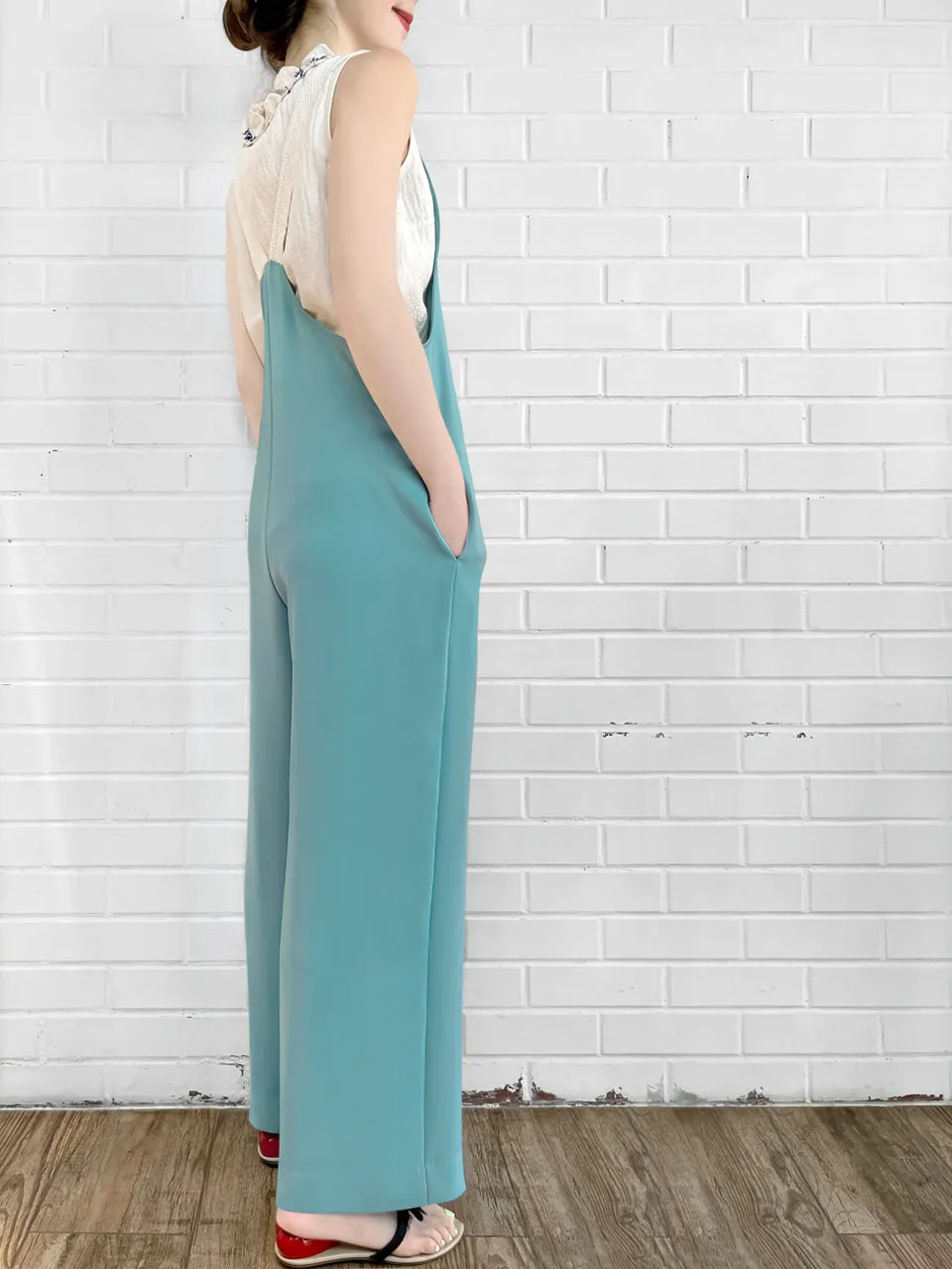 Surprise Sale! Turquoise Contrast Strap Sleeveless Wide Leg Jumpsuit