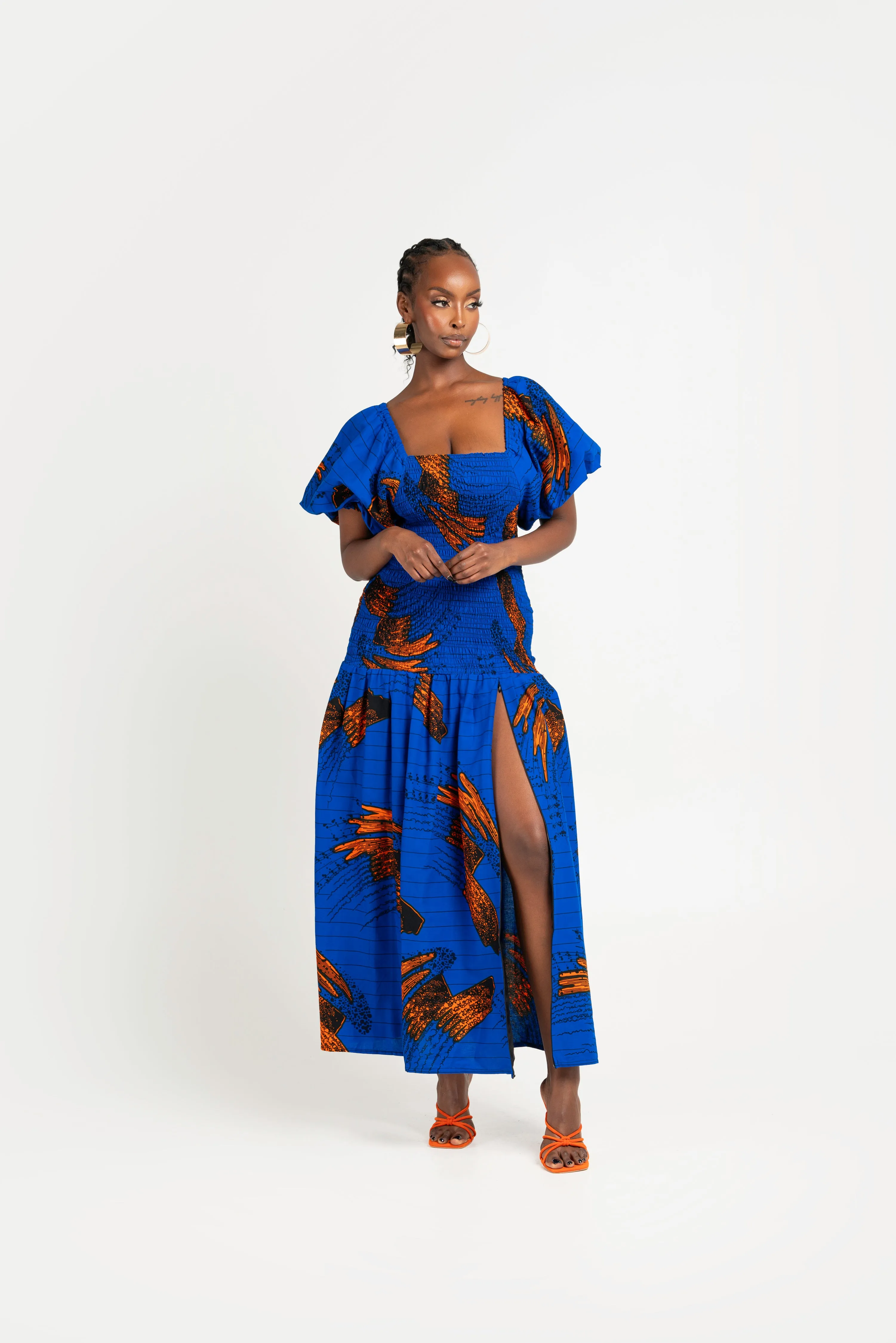 TORI African print smocked body maxi dress