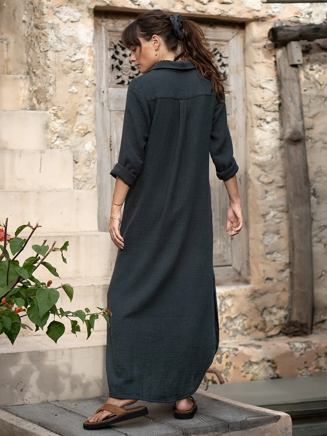 Valentina Linen Blend Shirt Dress Charcoal