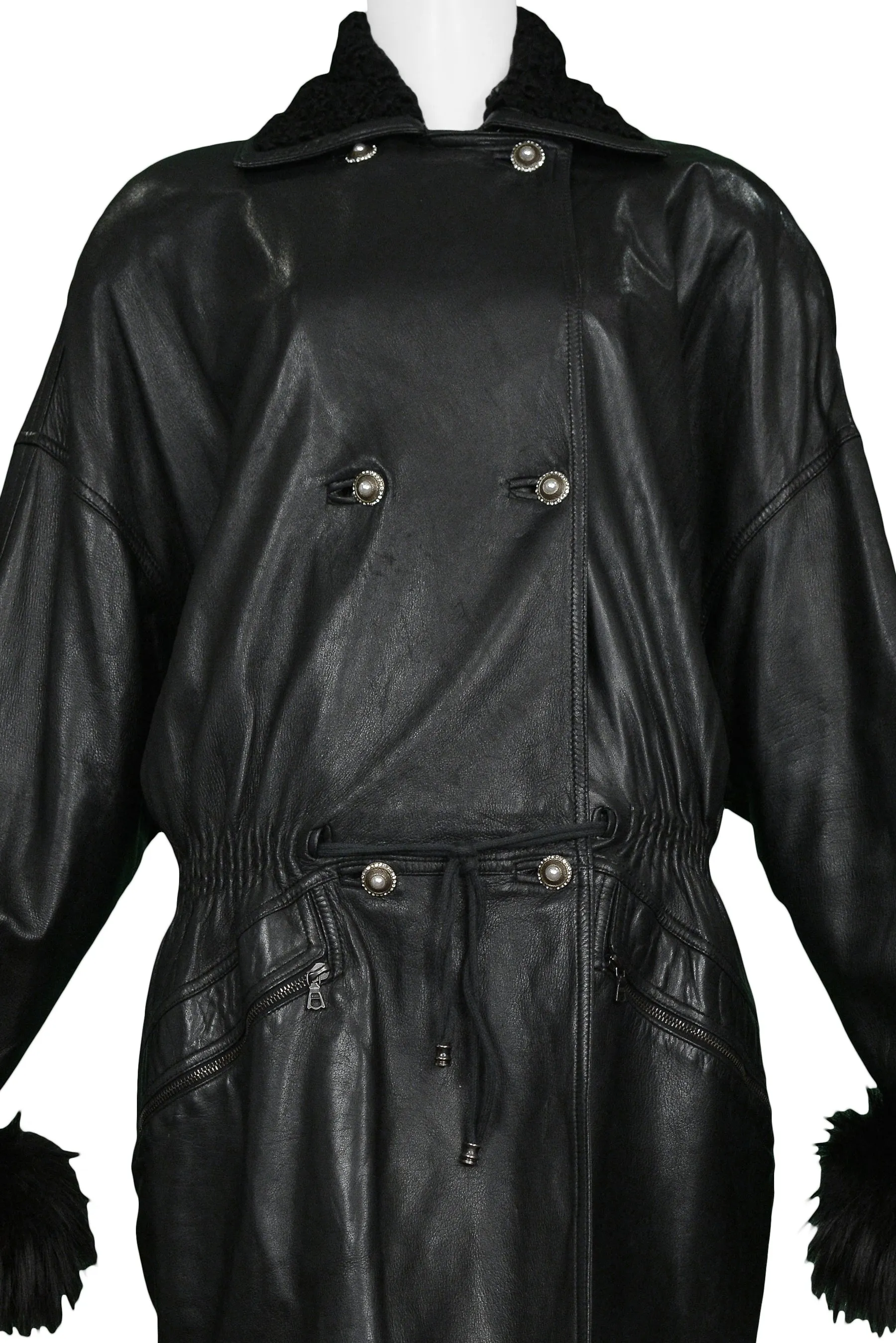 VERSACE BLACK LEATHER DRAWSTRING WAIST COAT 1990s