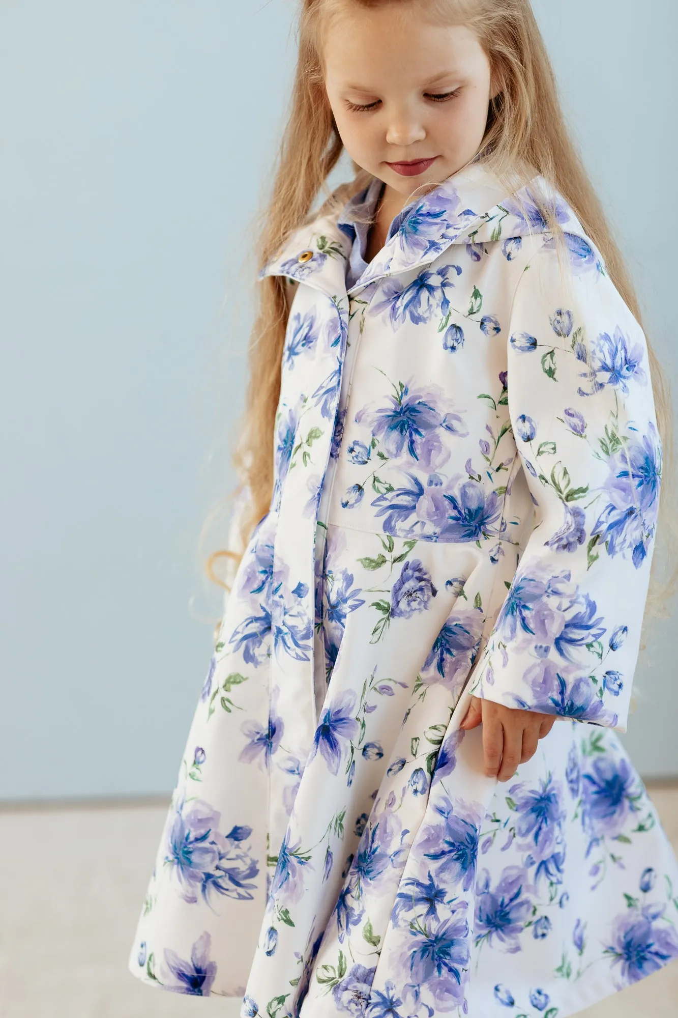 White Fitted and Flared Coat for Girls with Blue Flower Print | 'Blue Whisper'