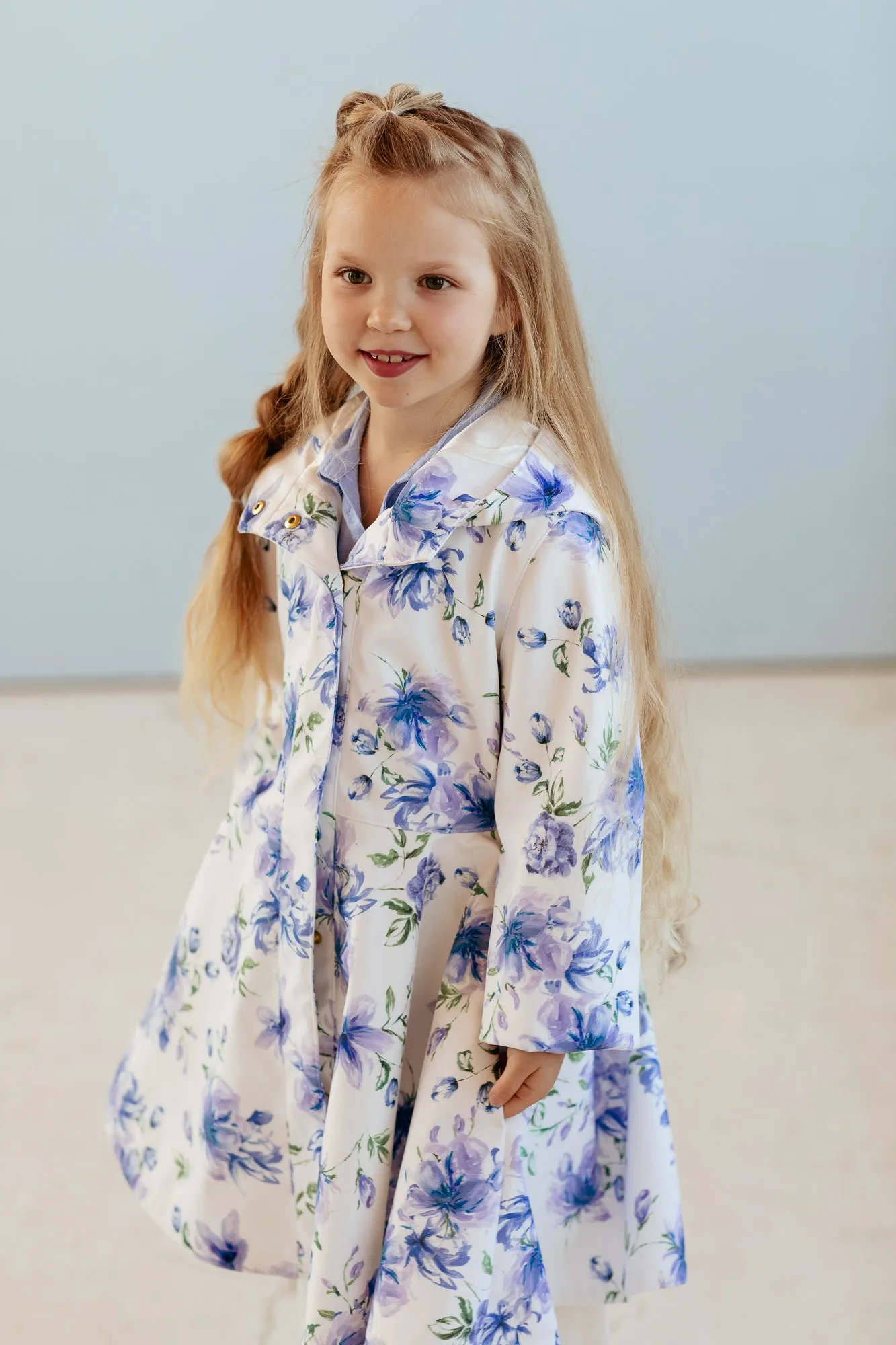 White Fitted and Flared Coat for Girls with Blue Flower Print | 'Blue Whisper'