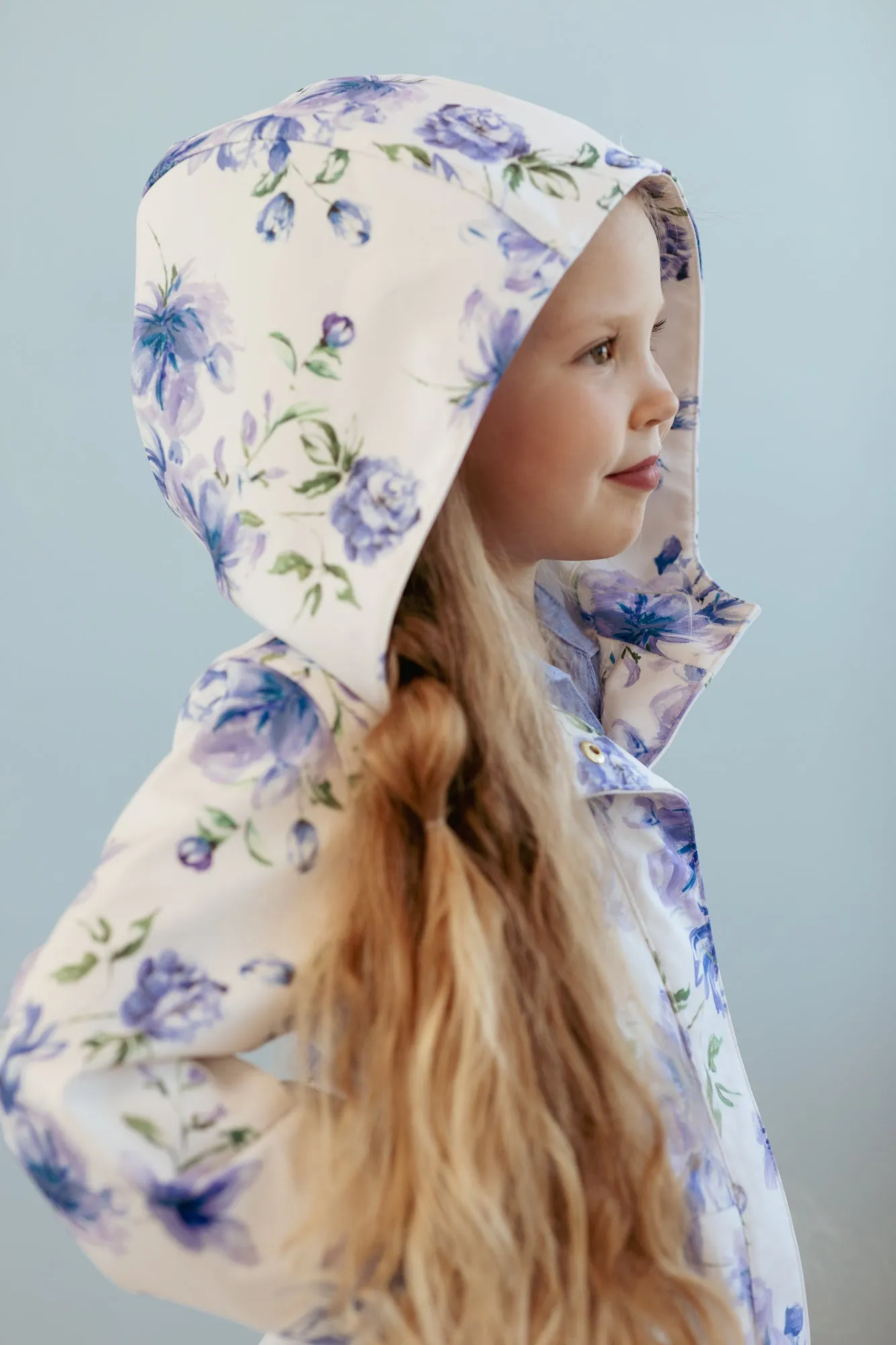 White Fitted and Flared Coat for Girls with Blue Flower Print | 'Blue Whisper'