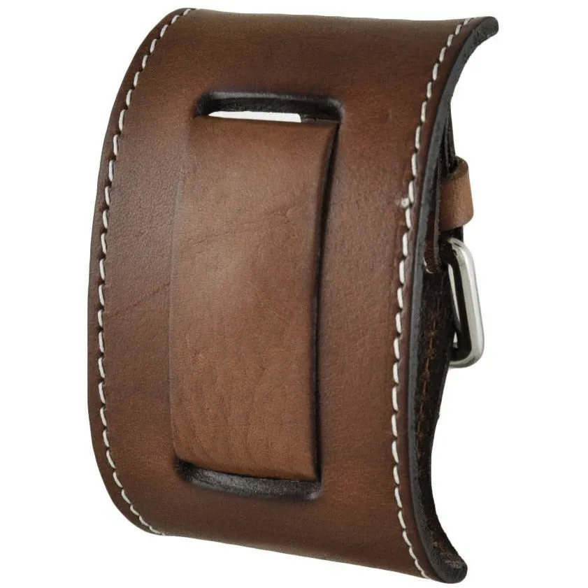 White Stitched Brown Leather Wide Cuff