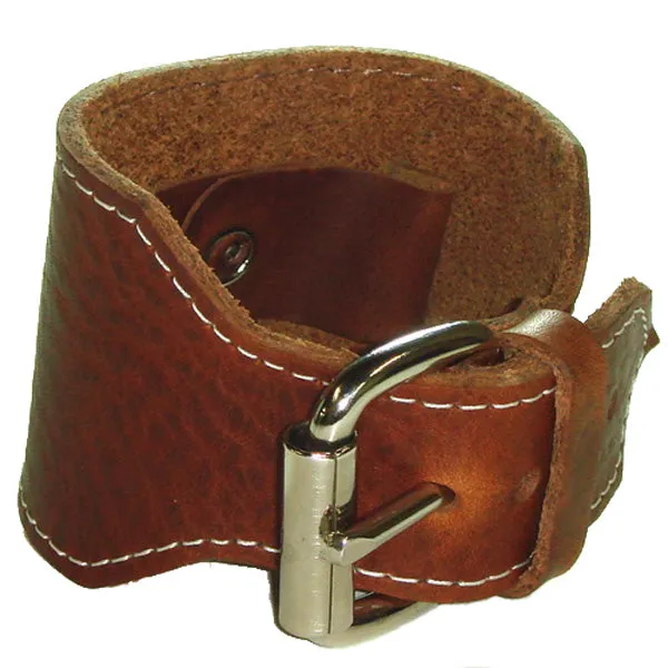 White Stitched Brown Leather Wide Cuff