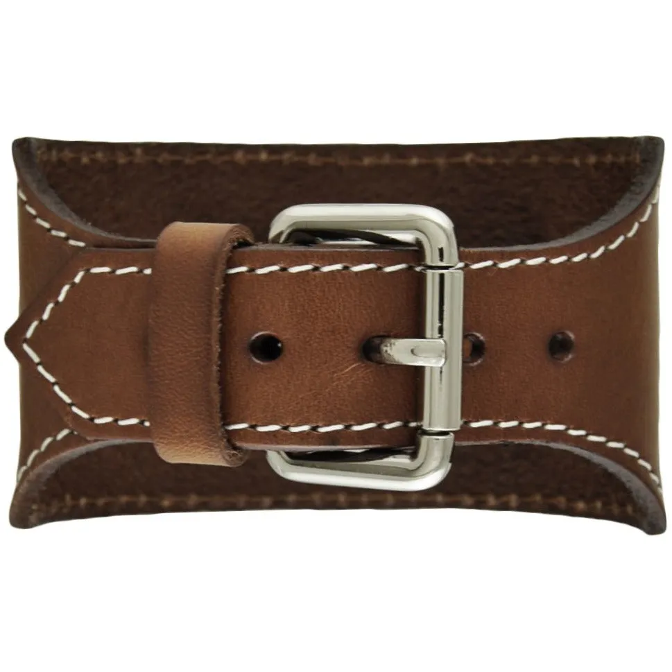 White Stitched Brown Leather Wide Cuff