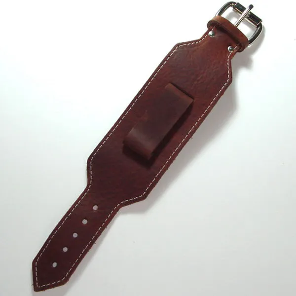 White Stitched Brown Leather Wide Cuff