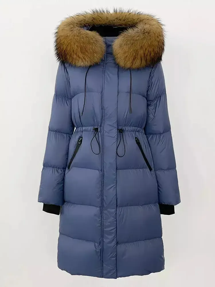 Women’s Drawstring Waist Long Down Coat in Blue with Natural Fur Hood