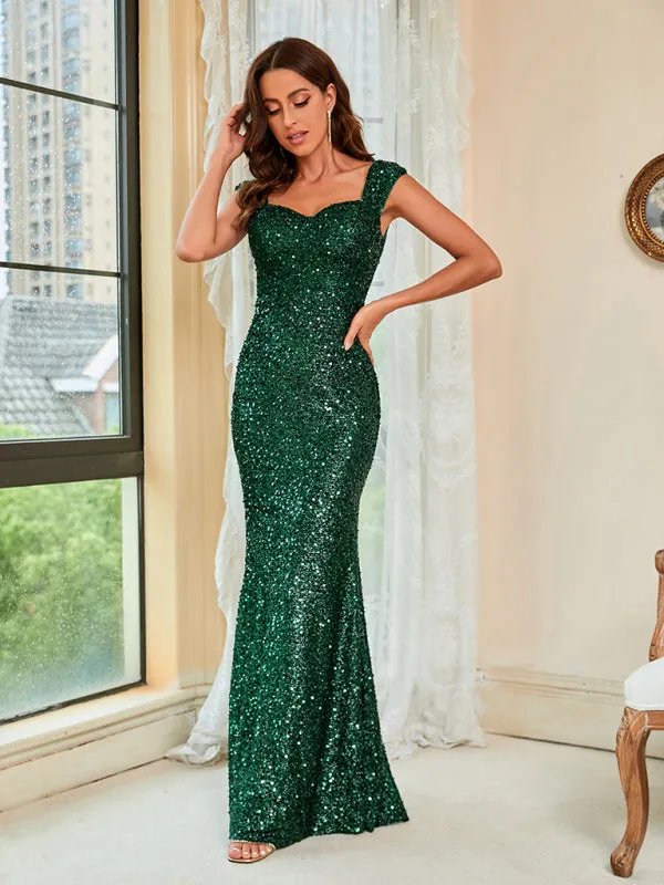 Womens Sweetheart Neckline Sparkly Sequin Bodycon Maxi Dress