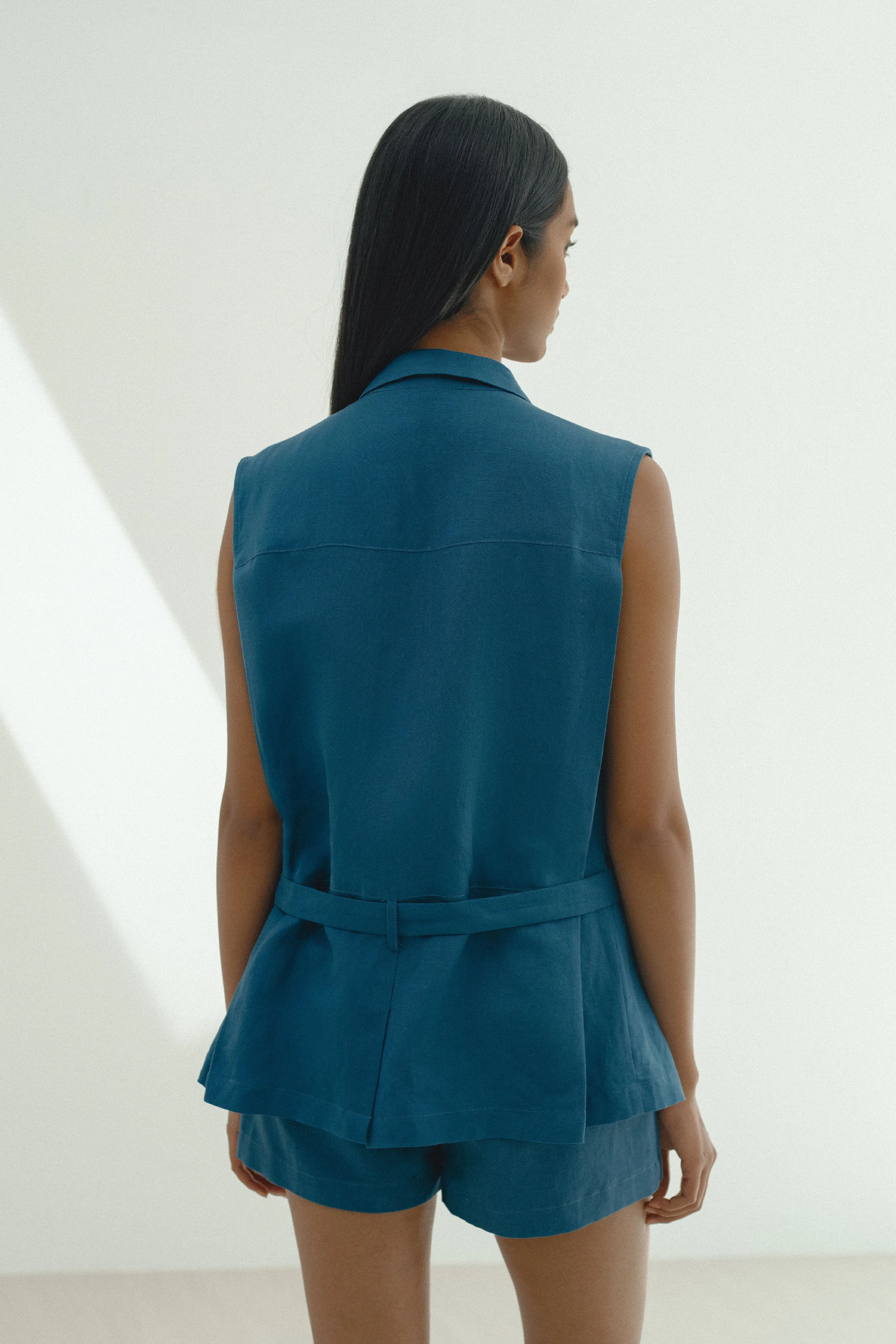 Y21 x grey_evolution - Belted Linen Viscose Vest Top in Adriatic Sea Blue